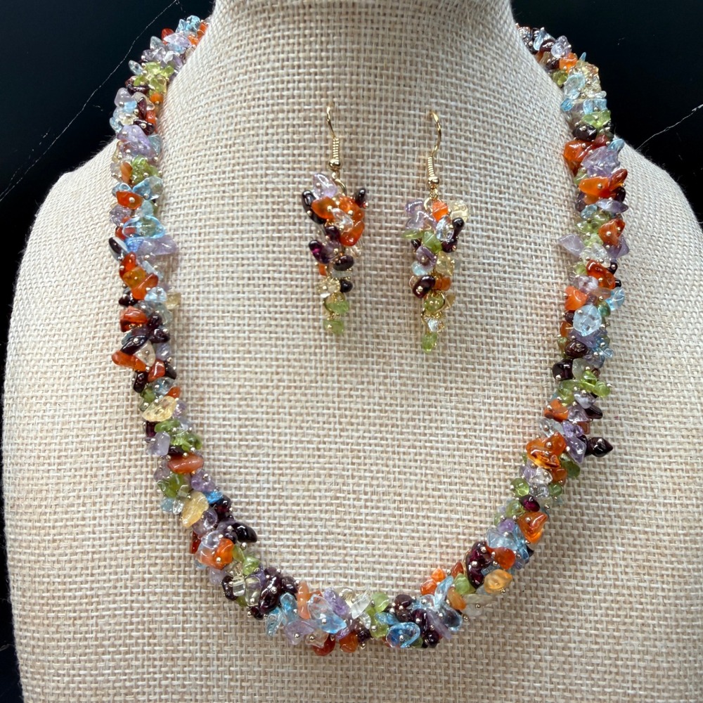 Multi Gemstone Chip Necklace and Earring Set Semi Precious Estate Jewelry